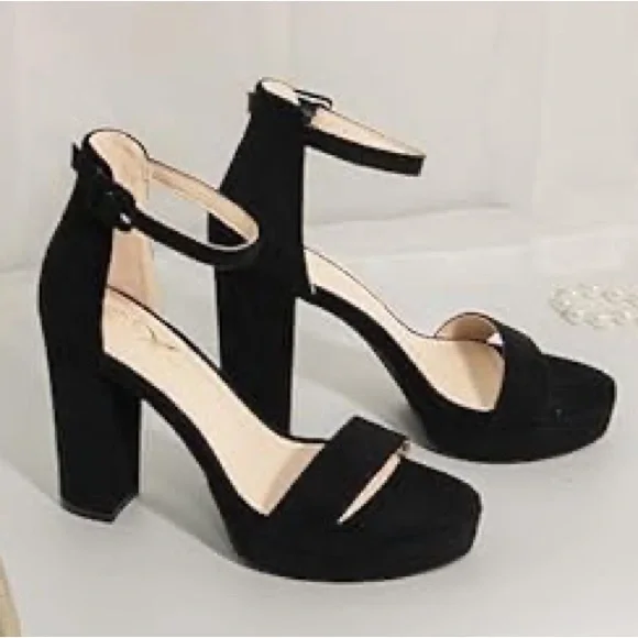 Athlefit Black High Heels Platform Block Heel Chunky Faux Suede Ankle Strap 7.5 - Picture 2 of 16